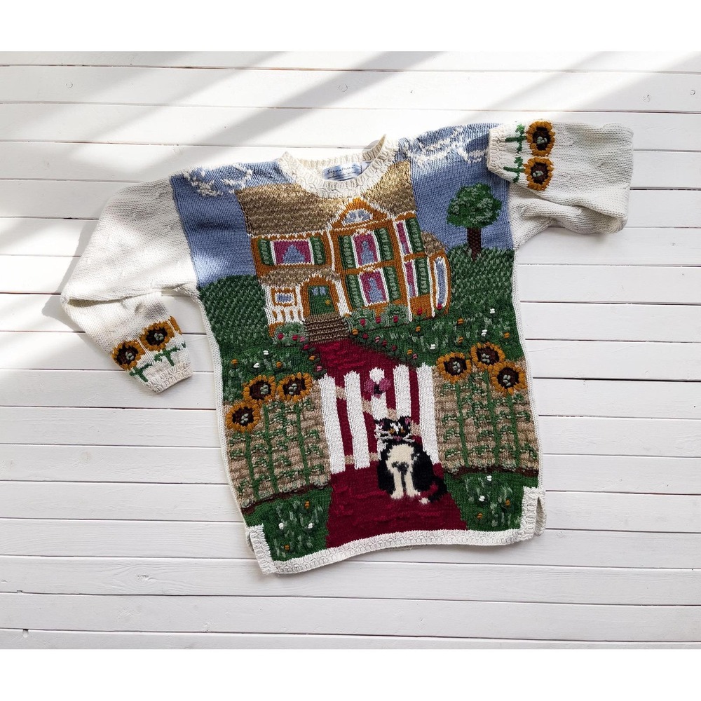 Northern Isles vtg cottagecore cat garden sunflower granny‎ sweater